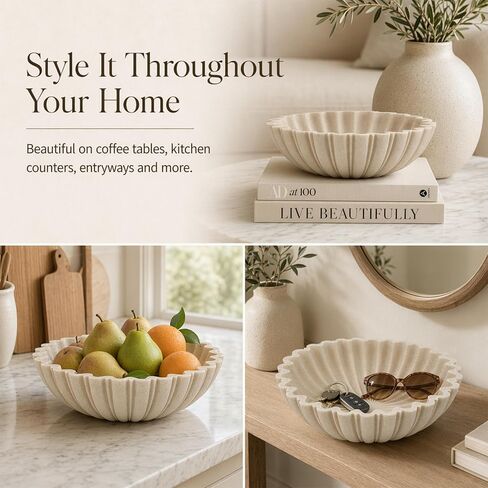 Decorative Bowl for Home Decor, 10.6" Large Modern Beige Scalloped Fruit Bowl for Coffee Table, Entryway Table, Kitchen Counter, Centerpiece for Keys or Candy in Saudi Arabia
