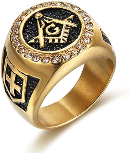 Mens Gold Freemason Masonic CZ Ring For Men Stainless Steel Size 7-15 in Saudi Arabia