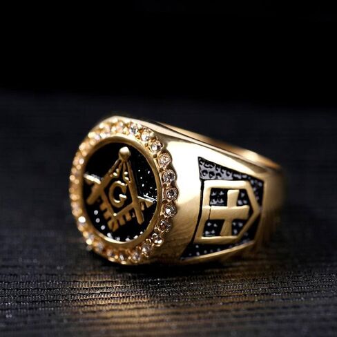Mens Gold Freemason Masonic CZ Ring For Men Stainless Steel Size 7-15 in Saudi Arabia