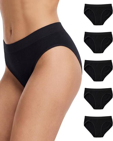 Women's Hi Cut Seamless Ribbed Underwear, Mid Rise Full Coverage Soft Nylon Panties, 5 Pack in Saudi Arabia