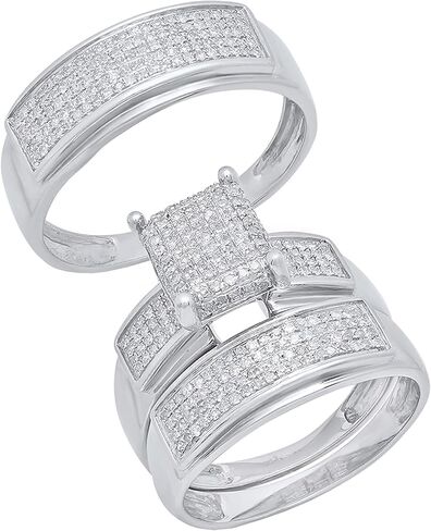 Dazzlingrock Collection 0.65 Ctw Round White Natural Diamond Square Cluster Wedding Trio Ring Set for Men & Women in 925 Sterling Silver in Saudi Arabia