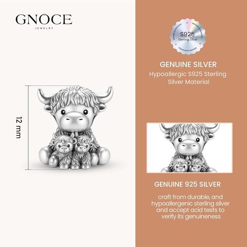 GNOCE Scottish Highland Cow Embraces Calves Cute Love Charm For Women, S925 Sterling Silver Bead Charm Bracelet for Her, Mother's Day Jewelry Gift Animals in Kuwait