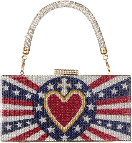 Women's American Flag Rhinestone Crossbody Evening Purse - Patriotic Red White Blue Clutch Bag for National Celebrations Evening Bag Flag Purse (Heart) in Saudi Arabia