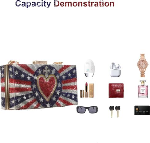 Women's American Flag Rhinestone Crossbody Evening Purse - Patriotic Red White Blue Clutch Bag for National Celebrations Evening Bag Flag Purse (Heart) in Saudi Arabia