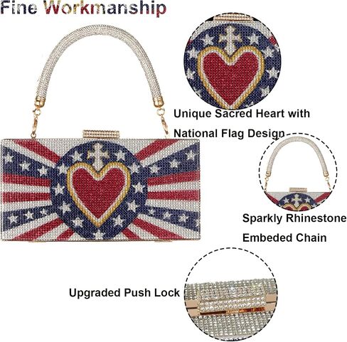 Women's American Flag Rhinestone Crossbody Evening Purse - Patriotic Red White Blue Clutch Bag for National Celebrations Evening Bag Flag Purse (Heart) in Saudi Arabia