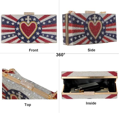 Women's American Flag Rhinestone Crossbody Evening Purse - Patriotic Red White Blue Clutch Bag for National Celebrations Evening Bag Flag Purse (Heart) in Saudi Arabia