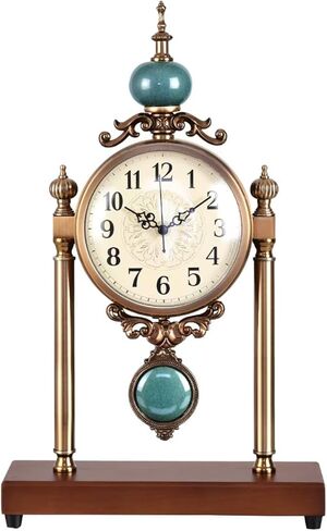 Vintage Table Clock with Turquoise Accents, Silent Non-Ticking, Wood Base and Metal Frame, Decorative Antique Design in Saudi Arabia
