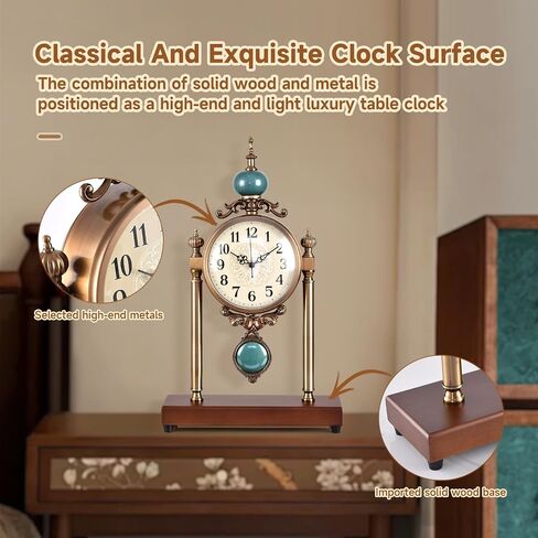 Vintage Table Clock with Turquoise Accents, Silent Non-Ticking, Wood Base and Metal Frame, Decorative Antique Design in Saudi Arabia
