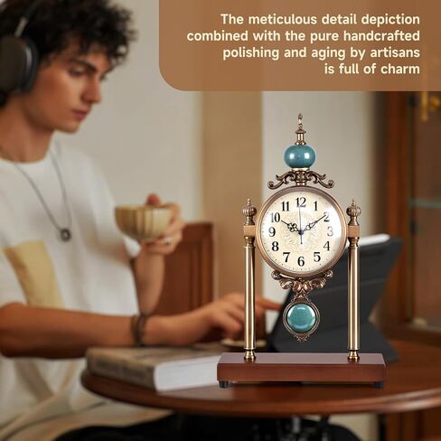 Vintage Table Clock with Turquoise Accents, Silent Non-Ticking, Wood Base and Metal Frame, Decorative Antique Design in Saudi Arabia