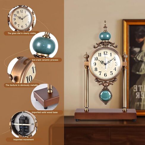 Vintage Table Clock with Turquoise Accents, Silent Non-Ticking, Wood Base and Metal Frame, Decorative Antique Design in Saudi Arabia