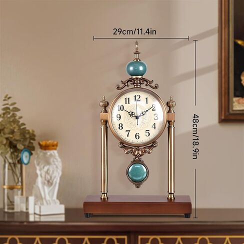 Vintage Table Clock with Turquoise Accents, Silent Non-Ticking, Wood Base and Metal Frame, Decorative Antique Design in Saudi Arabia