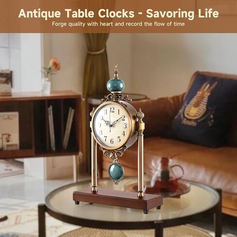 Vintage Table Clock with Turquoise Accents, Silent Non-Ticking, Wood Base and Metal Frame, Decorative Antique Design in Saudi Arabia