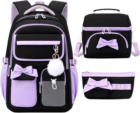 Girls School Backpack with Lunch Box Pencil Case Set, Cute Middle School Bag Teen Girls Backpack Bookbag for Kids, 3pcs Black Purple in Saudi Arabia