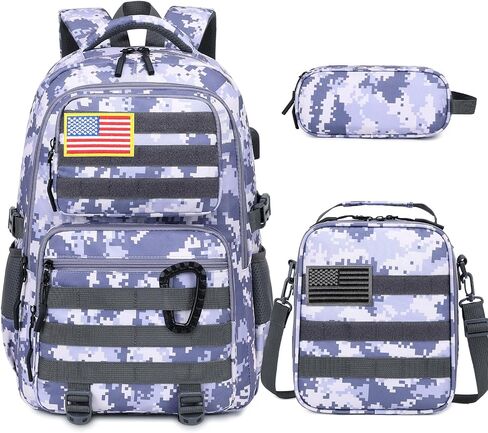 Camo Backpack for Boys, Tactical Boys Backpack with Lunch Box Pencil Case, Kids Backpacks with USB Charging Port, Military Army School Bookbag for Teen Boy Elementary Middle High School Camp in Kuwait