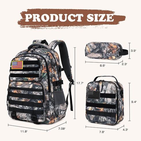 Camo Backpack for Boys, Tactical Boys Backpack with Lunch Box Pencil Case, Kids Backpacks with USB Charging Port, Military Army School Bookbag for Teen Boy Elementary Middle High School Camp in Kuwait