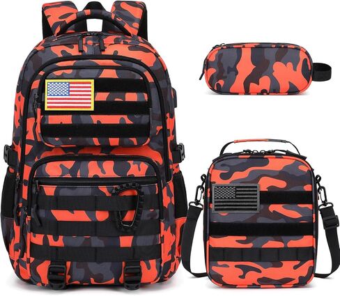 Camo Backpack for Boys, Tactical Boys Backpack with Lunch Box Pencil Case, Kids Backpacks with USB Charging Port, Military Army School Bookbag for Teen Boy Elementary Middle High School Camp in Kuwait