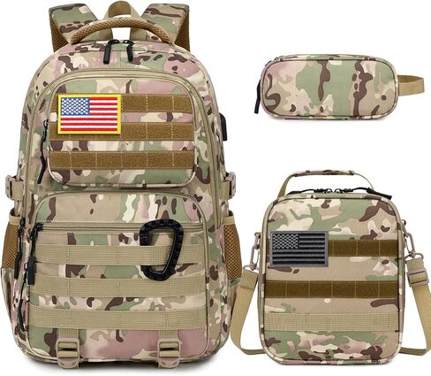Camo Backpack for Boys, Tactical Boys Backpack with Lunch Box Pencil Case, Kids Backpacks with USB Charging Port, Military Army School Bookbag for Teen Boy Elementary Middle High School Camp in Kuwait