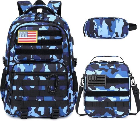 Camo Backpack for Boys, Tactical Boys Backpack with Lunch Box Pencil Case, Kids Backpacks with USB Charging Port, Military Army School Bookbag for Teen Boy Elementary Middle High School Camp in Kuwait