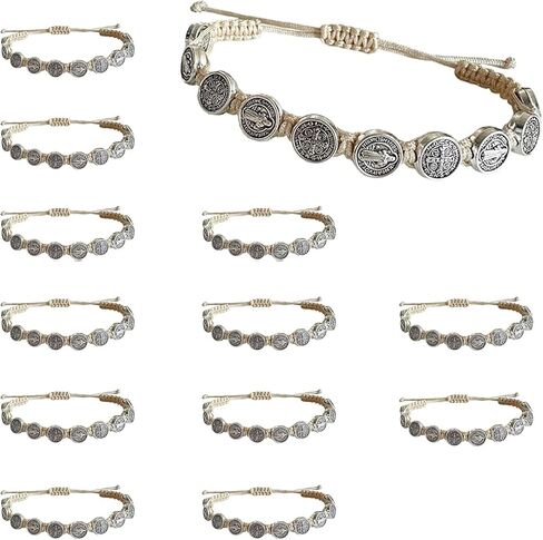 12 Pcs St Benedict Bracelets Set, Adjustable Natural Color String Rosary Bracelet with Saint Benedict Medalla, Catholic Bracelets for Women Men Religious Jewelry Gift in Saudi Arabia