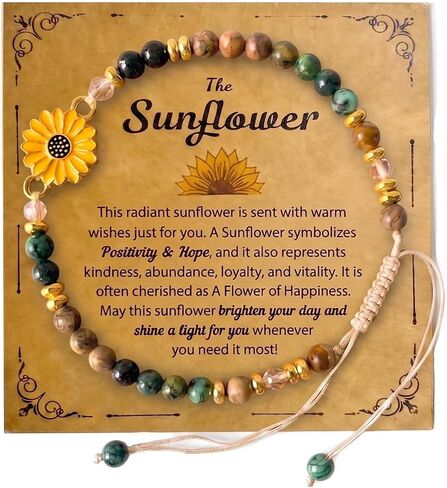 Handmade Sunflower Bracelet for Teens & Women - Natural Stone Sunflowers Gifts, Adjustable Sunflower Jewelry for Women with Card. Inspirational Bracelet, Bracelet from Mom, Bracelet for Niece from Aunt in Saudi Arabia