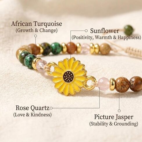 Handmade Sunflower Bracelet for Teens & Women - Natural Stone Sunflowers Gifts, Adjustable Sunflower Jewelry for Women with Card. Inspirational Bracelet, Bracelet from Mom, Bracelet for Niece from Aunt in Saudi Arabia