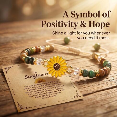 Handmade Sunflower Bracelet for Teens & Women - Natural Stone Sunflowers Gifts, Adjustable Sunflower Jewelry for Women with Card. Inspirational Bracelet, Bracelet from Mom, Bracelet for Niece from Aunt in Saudi Arabia
