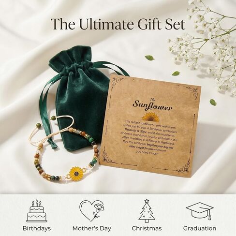 Handmade Sunflower Bracelet for Teens & Women - Natural Stone Sunflowers Gifts, Adjustable Sunflower Jewelry for Women with Card. Inspirational Bracelet, Bracelet from Mom, Bracelet for Niece from Aunt in Saudi Arabia