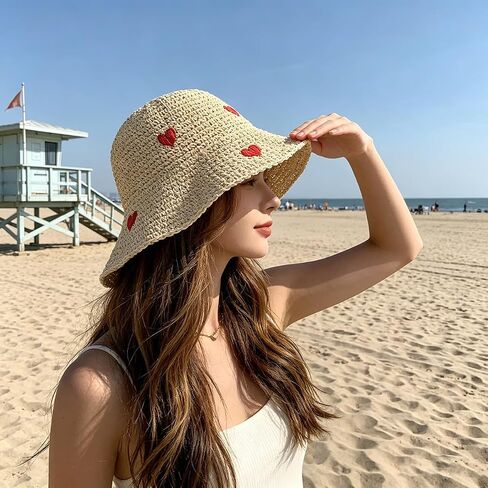 Womens Heart Embroidered Straw Bucket Hat, Boho Summer Sun Beach Cap, Vintage Foldable Paper Rope Fisherman Hat for Travel Beige in Kuwait