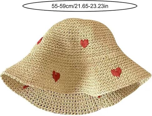 Womens Heart Embroidered Straw Bucket Hat, Boho Summer Sun Beach Cap, Vintage Foldable Paper Rope Fisherman Hat for Travel Beige in Kuwait