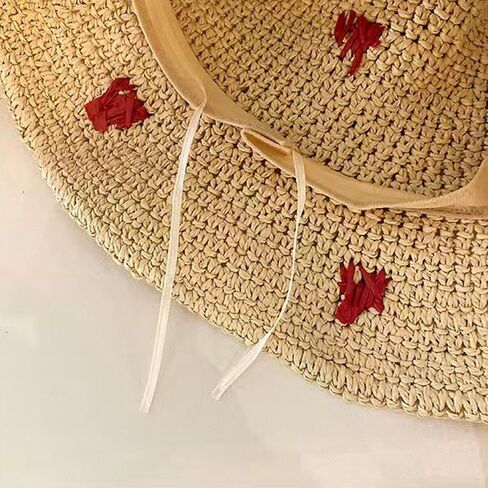 Womens Heart Embroidered Straw Bucket Hat, Boho Summer Sun Beach Cap, Vintage Foldable Paper Rope Fisherman Hat for Travel Beige in Kuwait