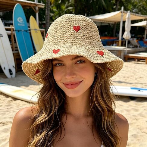 Womens Heart Embroidered Straw Bucket Hat, Boho Summer Sun Beach Cap, Vintage Foldable Paper Rope Fisherman Hat for Travel Beige in Kuwait