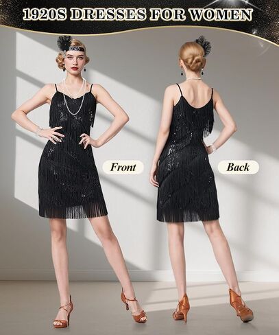 1920s Dresses for Women, V Neck Gatsby Flapper Dress with Sequin Fringe in Saudi Arabia
