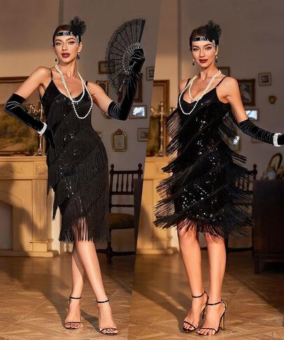 1920s Dresses for Women, V Neck Gatsby Flapper Dress with Sequin Fringe in Saudi Arabia