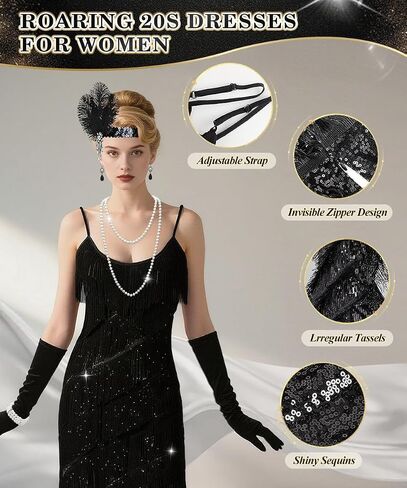 1920s Dresses for Women, V Neck Gatsby Flapper Dress with Sequin Fringe in Saudi Arabia