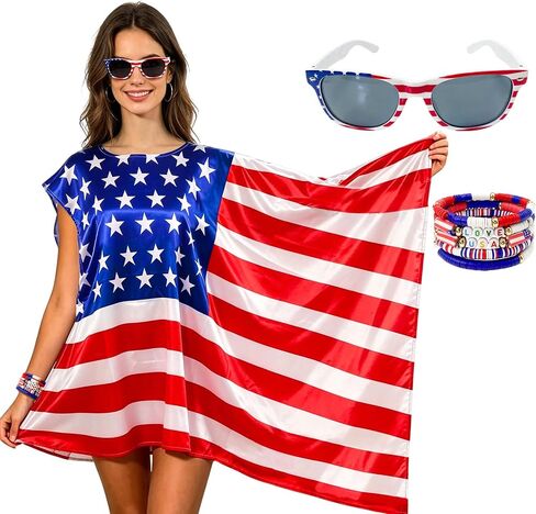 4th of July American Flag Dress for Women, Stars and Stripes Patriotic Outfit with Glasses and Bracelet in Saudi Arabia