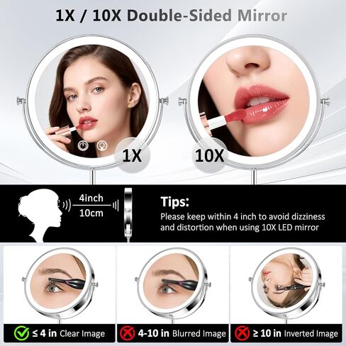 8" Makeup Mirror with Lights,4000mAh Rechargeable Vanity Mirror,1X/10X Double Sided Magnifying Mirror with Adjustable Height, 3 Colors Stepless Dimming Lighted Makeup Mirror,Women Gift in Kuwait