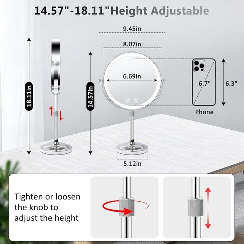 8" Makeup Mirror with Lights,4000mAh Rechargeable Vanity Mirror,1X/10X Double Sided Magnifying Mirror with Adjustable Height, 3 Colors Stepless Dimming Lighted Makeup Mirror,Women Gift in Kuwait