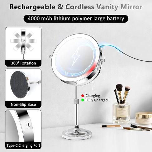 8" Makeup Mirror with Lights,4000mAh Rechargeable Vanity Mirror,1X/10X Double Sided Magnifying Mirror with Adjustable Height, 3 Colors Stepless Dimming Lighted Makeup Mirror,Women Gift in Kuwait