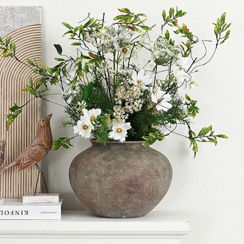 LuxenHome Rustic Ceramic Vase, 12" Wide Terracotta Pot with Earthy Gray-Brown Finish, Farmhouse Flower Vase for Shelf Dining Table Decor, Vintage Pottery for Living Room Decor, Home Décor Accents in Saudi Arabia