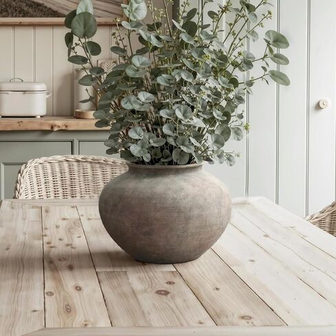 LuxenHome Rustic Ceramic Vase, 12" Wide Terracotta Pot with Earthy Gray-Brown Finish, Farmhouse Flower Vase for Shelf Dining Table Decor, Vintage Pottery for Living Room Decor, Home Décor Accents in Saudi Arabia