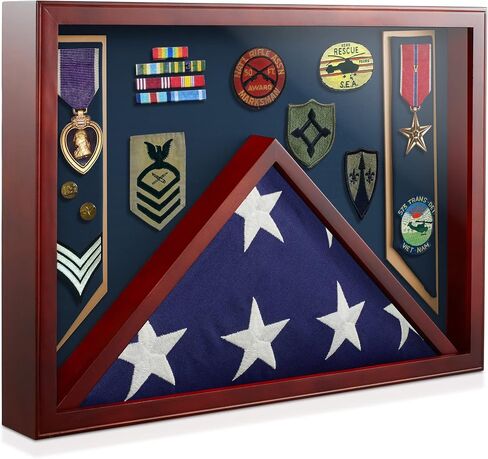 Reminded Military Shadow Box Display Case for Medals & Burial Flag - Solid Wood Cabinet with Navy Blue Velvet Insert in Saudi Arabia