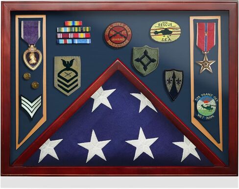 Reminded Military Shadow Box Display Case for Medals & Burial Flag - Solid Wood Cabinet with Navy Blue Velvet Insert in Saudi Arabia