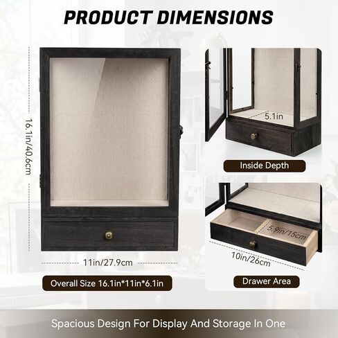 16 x 11 in Deep Shadow Box Frame with Drawer, Wooden Shadow Box Display Case with 3-Sided Acrylic Windows for Collectibles, Figures, Miniatures, and Memorabilia in Saudi Arabia