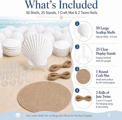 Cizavanta 50 Pack Large Scallop Shells for Crafts, 4-5 Inch Natural White Scallop Shells with 25 Clear Display Stands and Round Craft Mat, Seashells for DIY Painting, Decoupage & Coastal Decor in Saudi Arabia