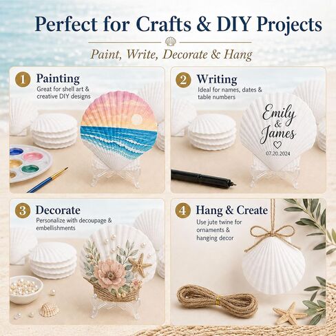 Cizavanta 50 Pack Large Scallop Shells for Crafts, 4-5 Inch Natural White Scallop Shells with 25 Clear Display Stands and Round Craft Mat, Seashells for DIY Painting, Decoupage & Coastal Decor in Saudi Arabia
