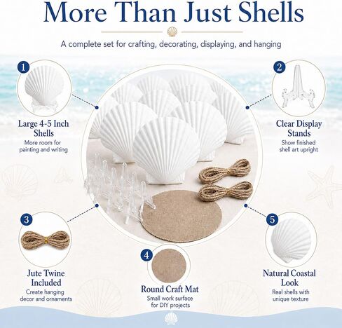 Cizavanta 50 Pack Large Scallop Shells for Crafts, 4-5 Inch Natural White Scallop Shells with 25 Clear Display Stands and Round Craft Mat, Seashells for DIY Painting, Decoupage & Coastal Decor in Saudi Arabia