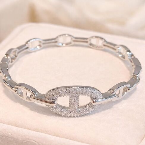 14K Gold Plated Cuff Bracelet for Women Chain Link Bangle Bracelet with Pavé CZ Center Anchor Link Style Minimalist Gold Jewelry in Saudi Arabia