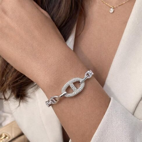 14K Gold Plated Cuff Bracelet for Women Chain Link Bangle Bracelet with Pavé CZ Center Anchor Link Style Minimalist Gold Jewelry in Saudi Arabia