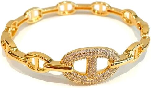14K Gold Plated Cuff Bracelet for Women Chain Link Bangle Bracelet with Pavé CZ Center Anchor Link Style Minimalist Gold Jewelry in Saudi Arabia