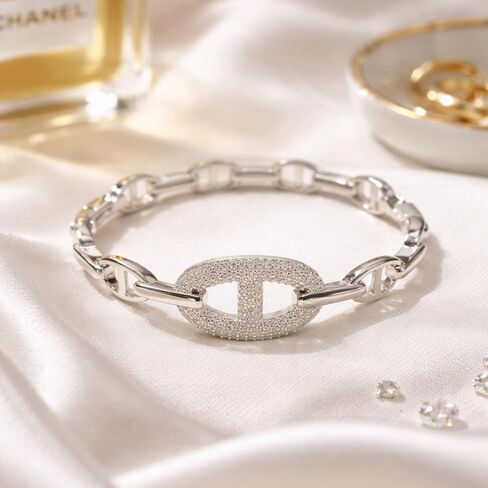 14K Gold Plated Cuff Bracelet for Women Chain Link Bangle Bracelet with Pavé CZ Center Anchor Link Style Minimalist Gold Jewelry in Saudi Arabia